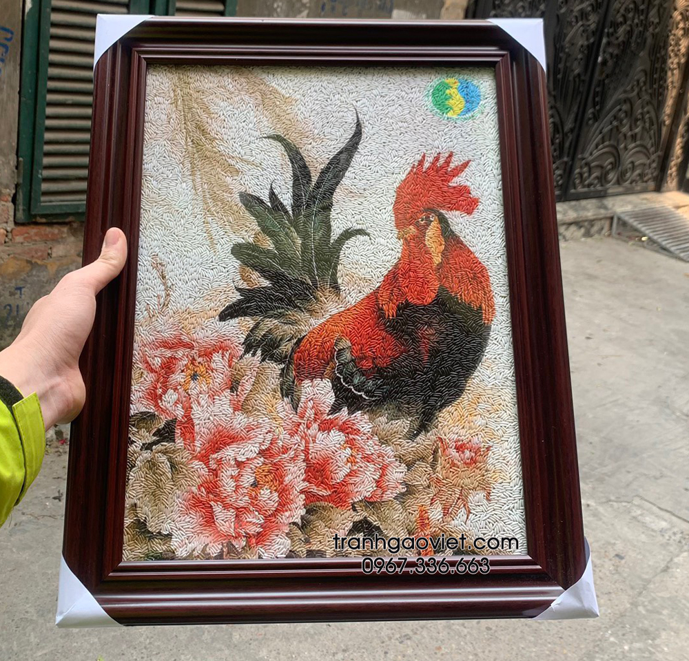 Tranh gao G&agrave; Trống hoa mẫu đơn