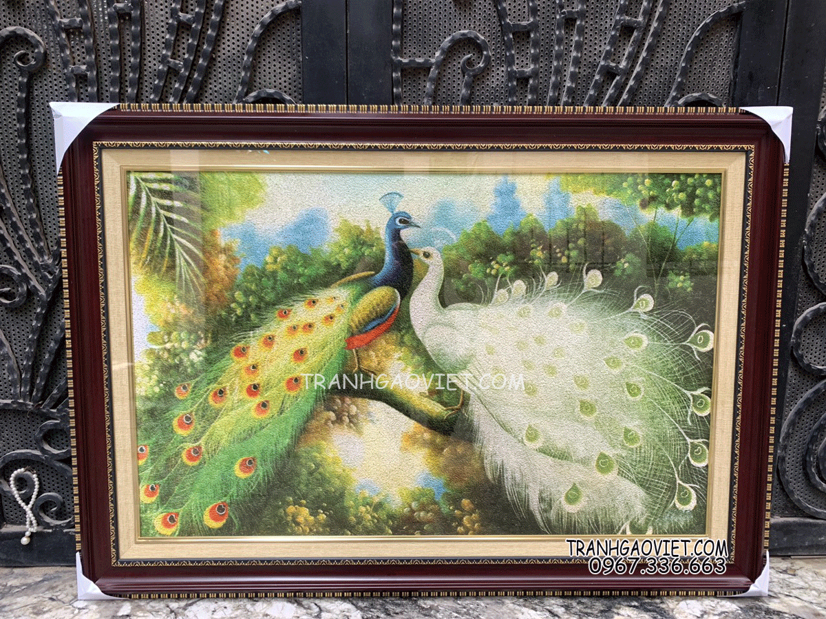 tranh gạo đ&ocirc;i chim c&ocirc;ng