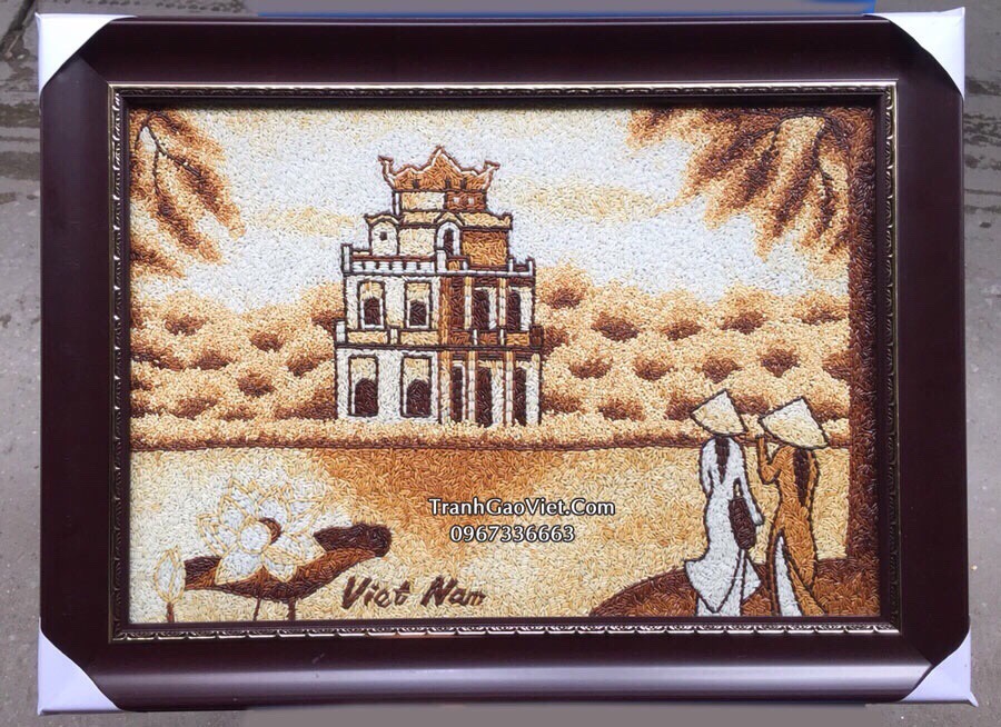 tranh gạo Th&aacute;p R&ugrave;a H&agrave; Nội- Qu&agrave; lưu niệm Việt Nam