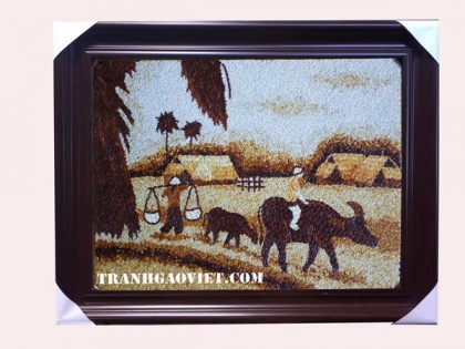 Tranh gạo phong cảnh quê hương buổi chiều tà